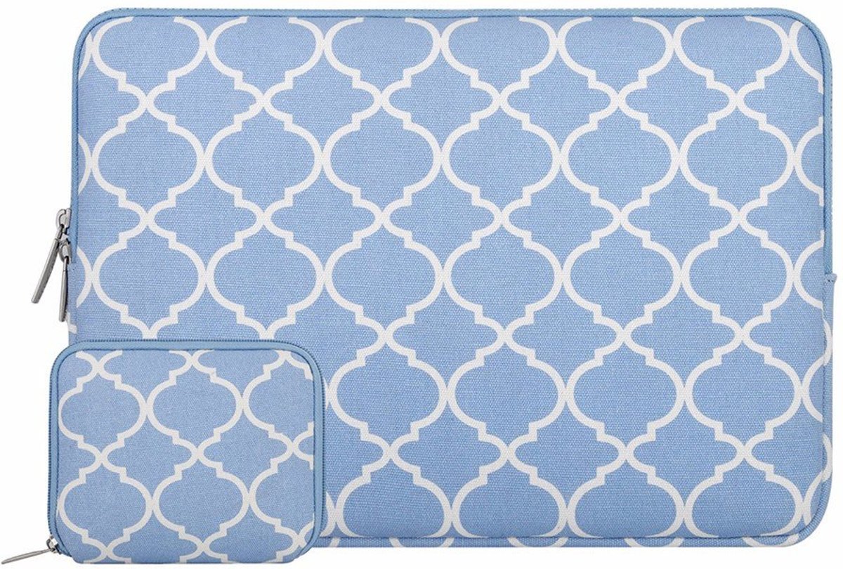 Luxe Laptophoes Sierlijke Quatrefoil Print met extra Tasje | 13 inch | Blauw | Ritssluiting | Soft Sleeve | Laptop Accessoires